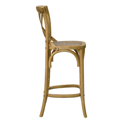 Natural wood counter stool with woven cane seat, curved bentwood legs, round footrest, and slender backrest.