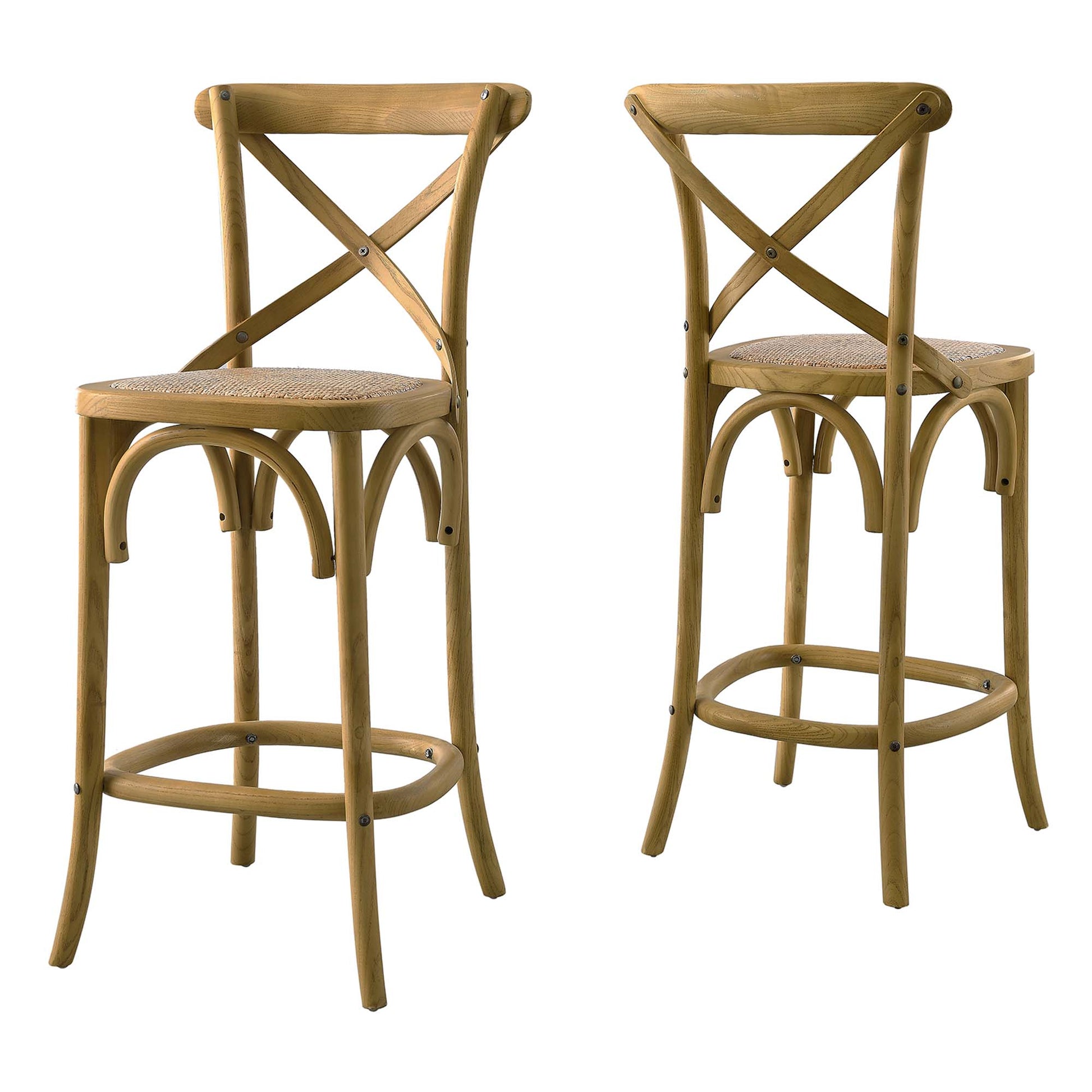 Two natural-finish rattan counter stools with woven cane seats, X-back, curved legs and circular footrests.