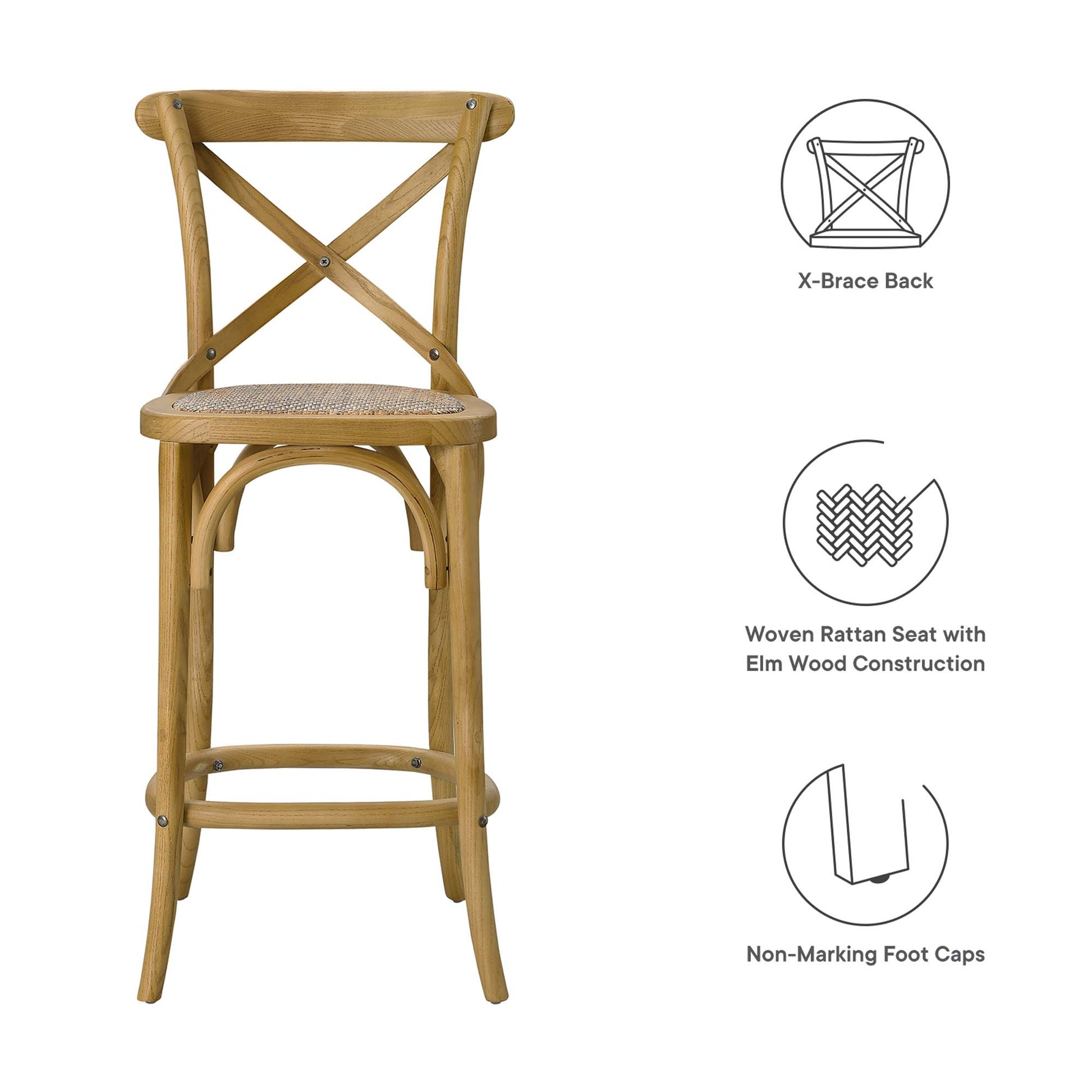 Natural elm wood counter stool with woven rattan seat, X-brace back, curved legs and footrest.