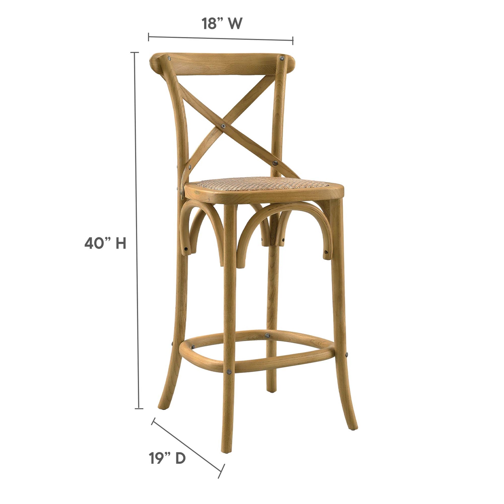 Natural wood bar stool with woven cane seat, crisscross X-back, curved legs and circular footrest, rustic bamboo style.