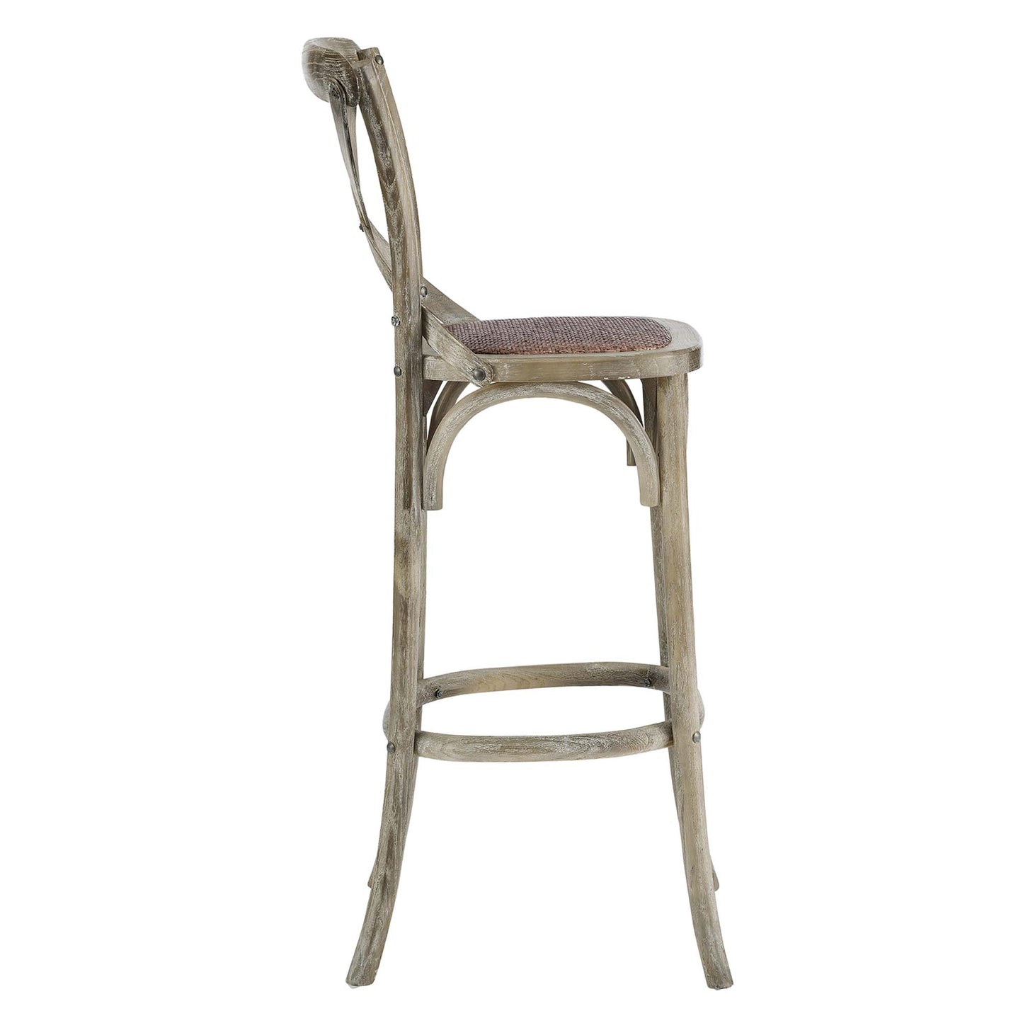 Weathered gray bar stool with woven cane seat, curved back, arched side supports, and circular footrest.