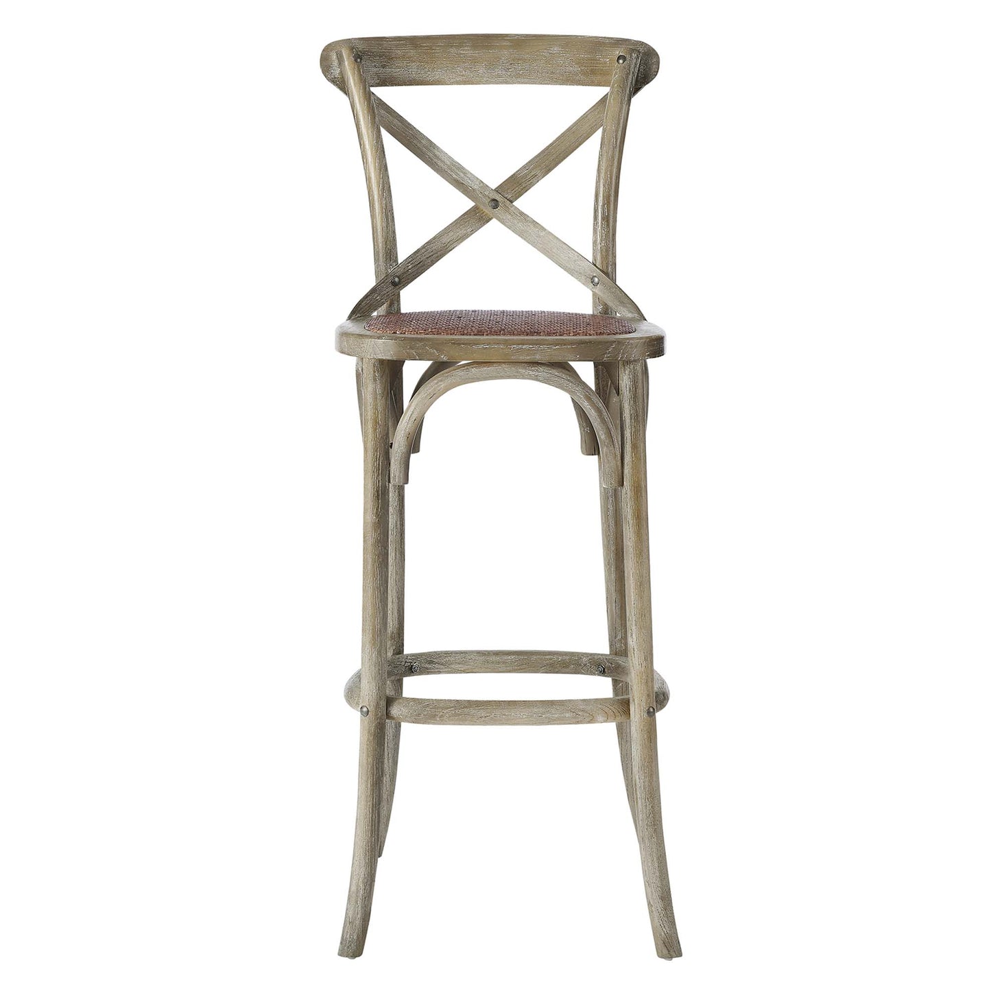 Weathered gray wood bar stool with an X-back, curved legs, footrest and a woven brown seat.
