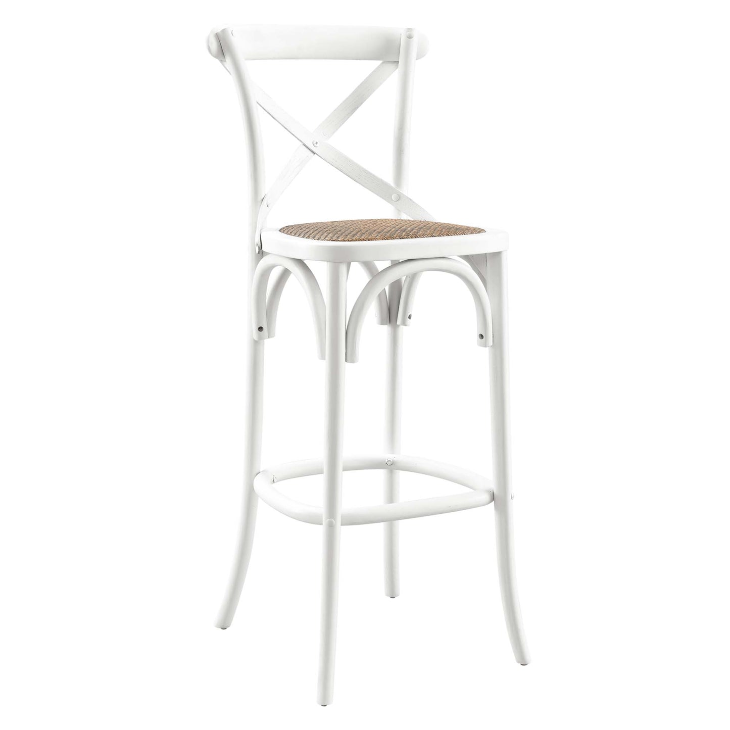 White metal bar stool with woven natural seat, X-back, curved legs and footrest ring.