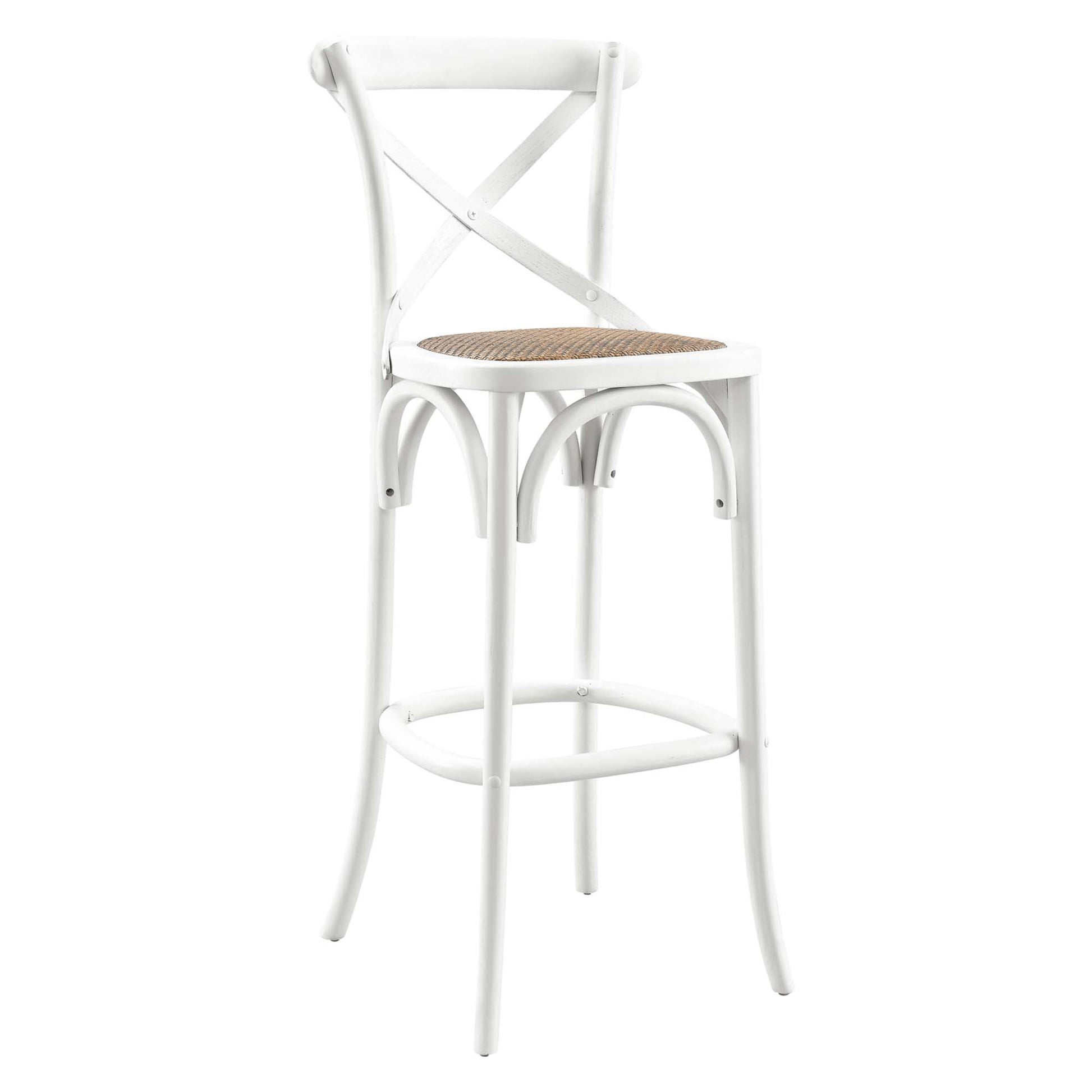 White metal bar stool with woven natural seat, X-back, curved legs and footrest ring.