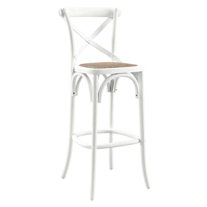 White metal bar stool with woven natural seat, X-back, curved legs and footrest ring.