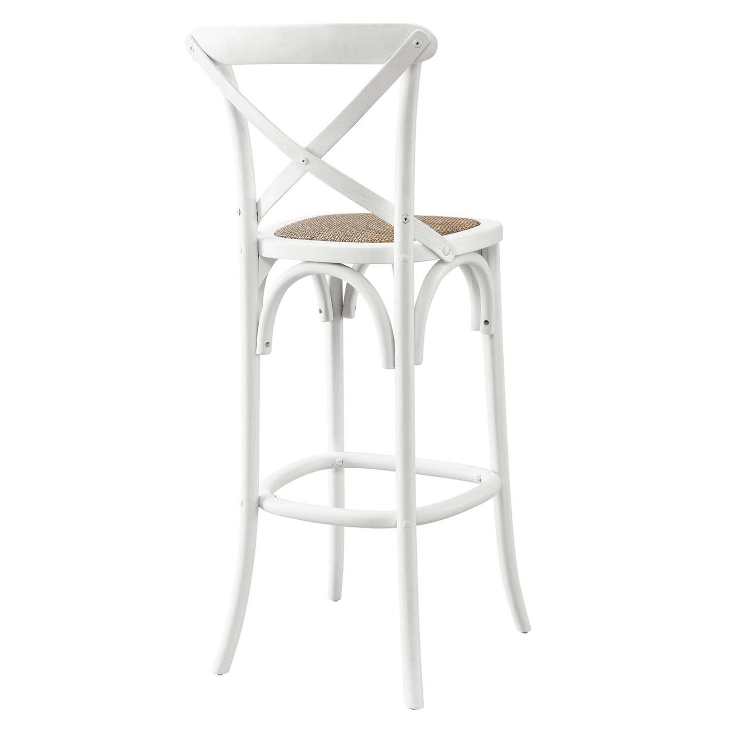 White metal bar stool with X-back, woven natural rattan seat, curved legs and footrest; industrial farmhouse style.