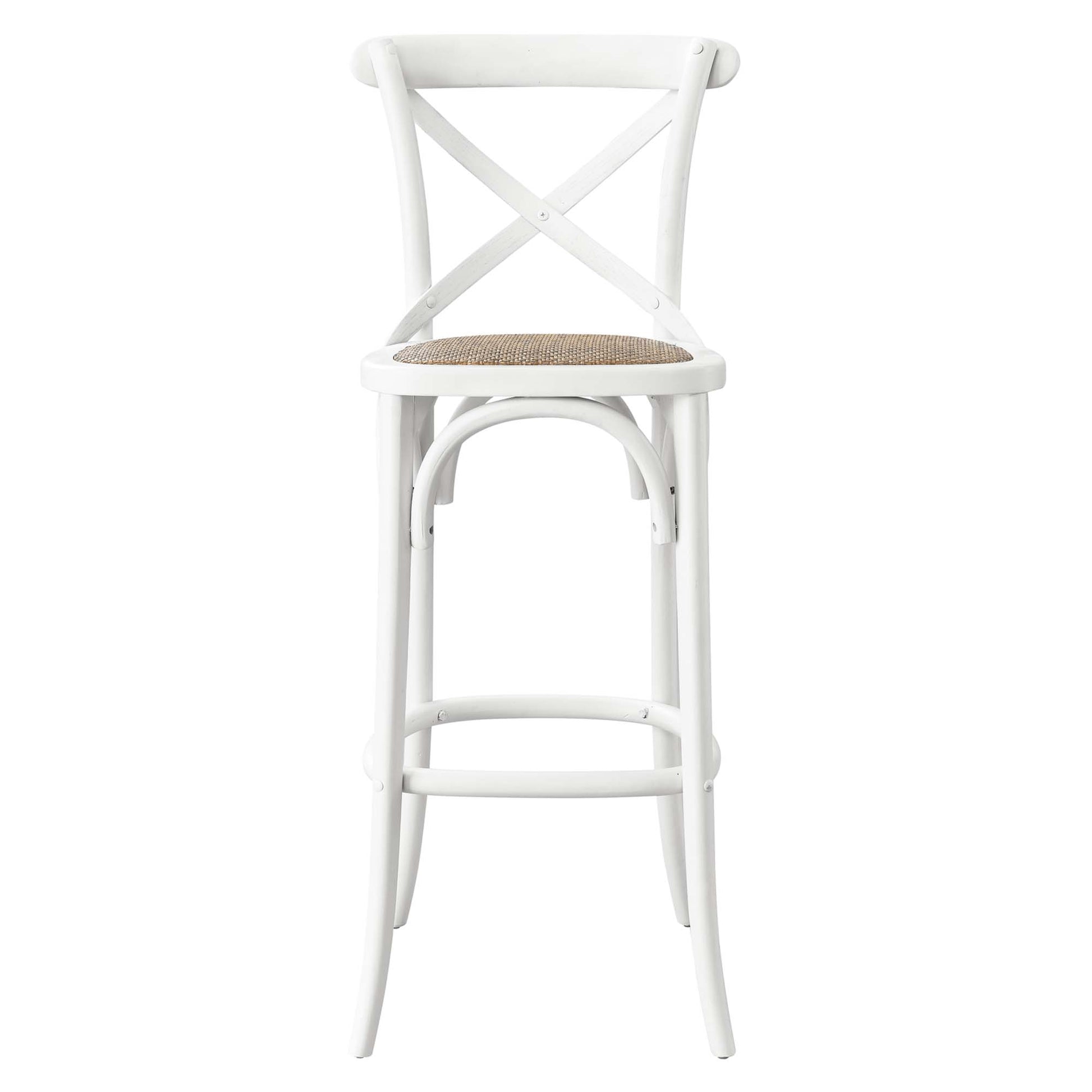 White bar stool with X-back, woven natural seat, curved legs and footrest ring.