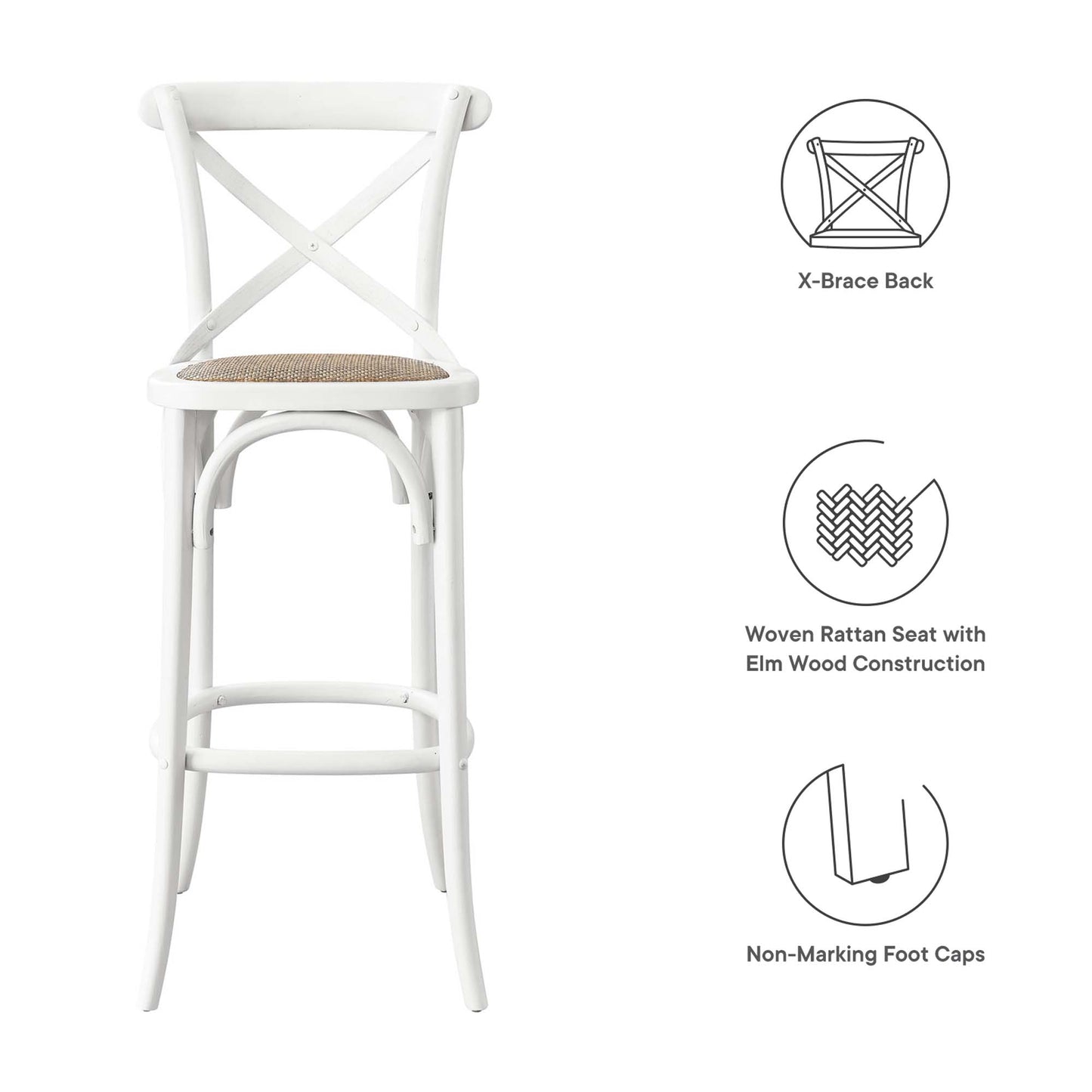 White wooden bar stool with X-brace back and woven rattan seat; elm wood construction and non-marking foot caps.