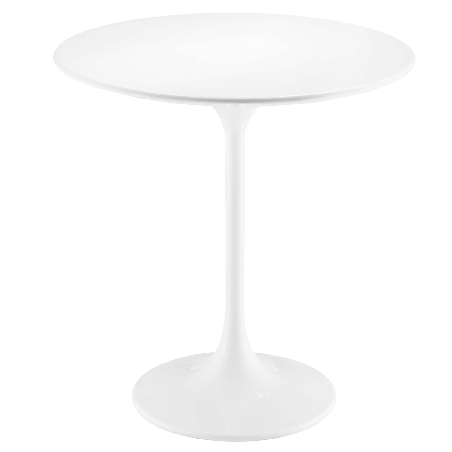 White 20-inch round wood side table with a slender central leg and wide circular base.