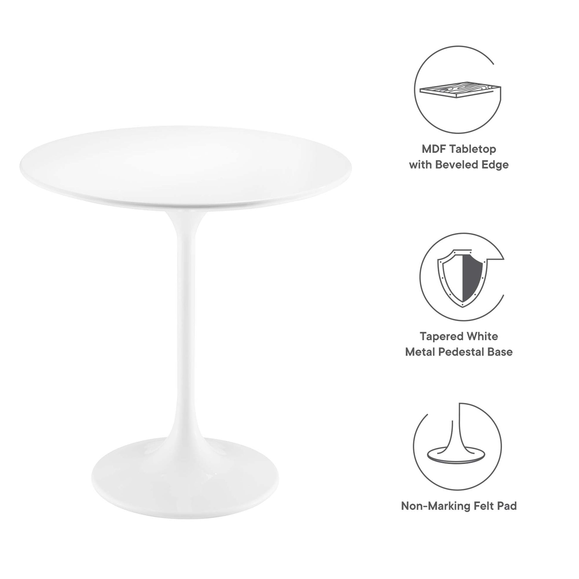 White round wood tabletop with beveled edge on a tapered white metal pedestal base with non-marking felt pads.