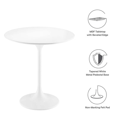 White round wood tabletop with beveled edge on a tapered white metal pedestal base with non-marking felt pads.