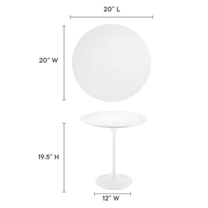 White round wood side table with a 20" top diameter, slim pedestal-style stem, 12" wide base, and 19.5" tall.