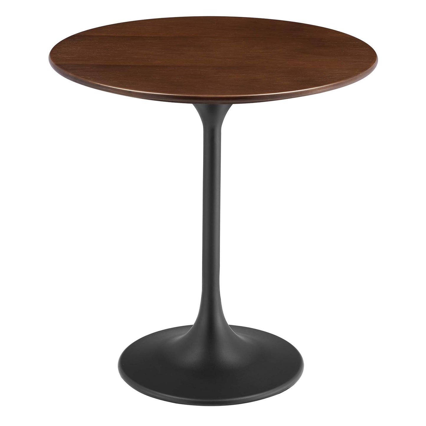 Round walnut wood tabletop on a black tulip-style pedestal base, compact cafe/side table.