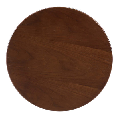 Round dark walnut wood side table with rich grain and smooth finish.