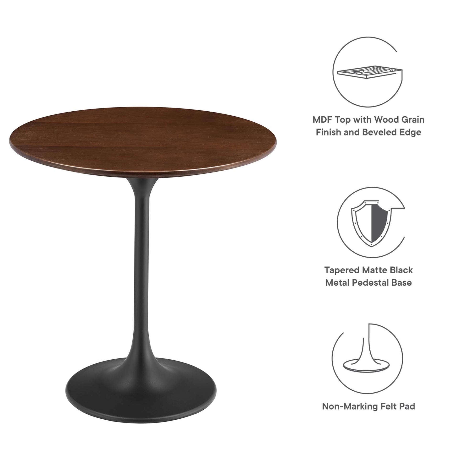 Round walnut wood-grain MDF top with beveled edge on a tapered matte black pedestal base; non-marking felt pad.