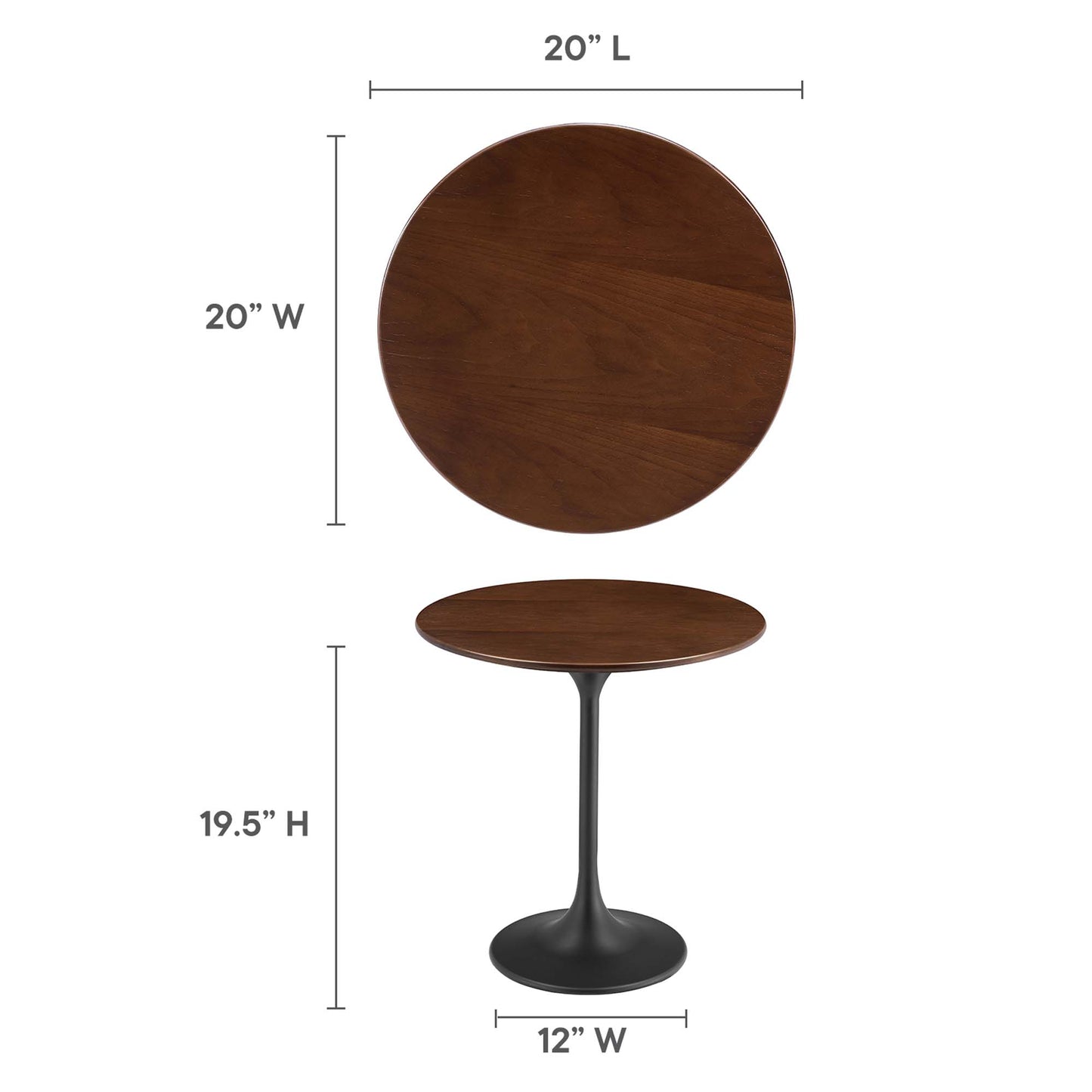 Round dark wood tabletop atop black pedestal base; compact modern side table, 19.5" H, 20" dia, 12" base width.