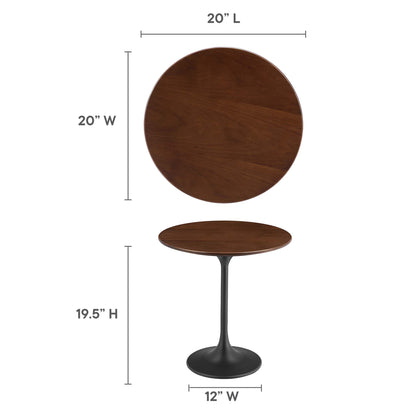Round dark wood tabletop atop black pedestal base; compact modern side table, 19.5" H, 20" dia, 12" base width.