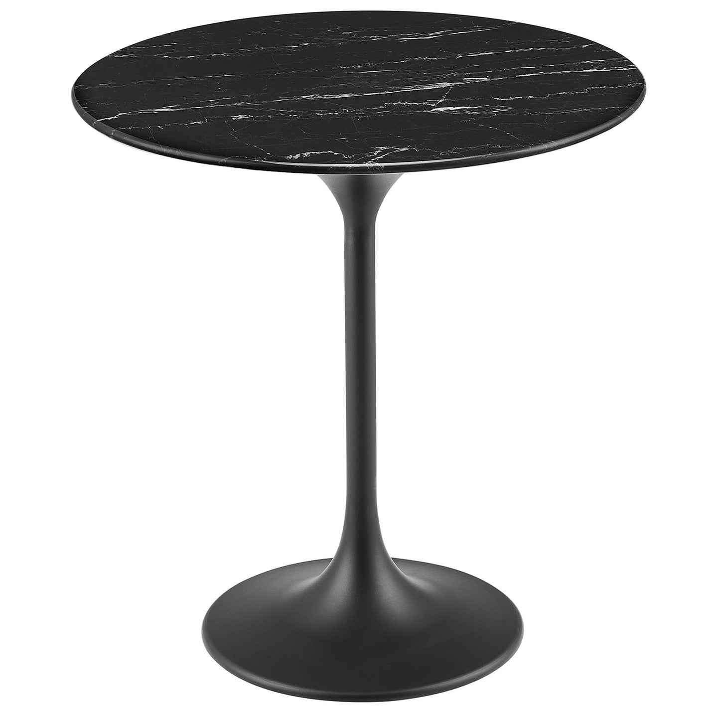 Round faux marble-top side table with a slim curved stem and circular base; black veined, modern minimalist style.