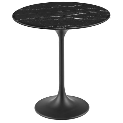 Round faux marble-top side table with a slim curved stem and circular base; black veined, modern minimalist style.