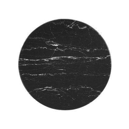Round 20-inch black faux marble side table with white veining.