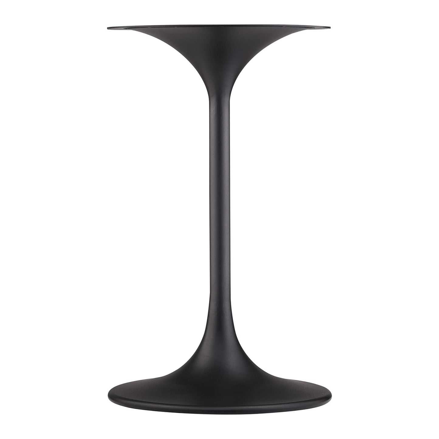 Matte black pedestal side table with a slim stem and a 20" round faux marble top on a wide circular base.