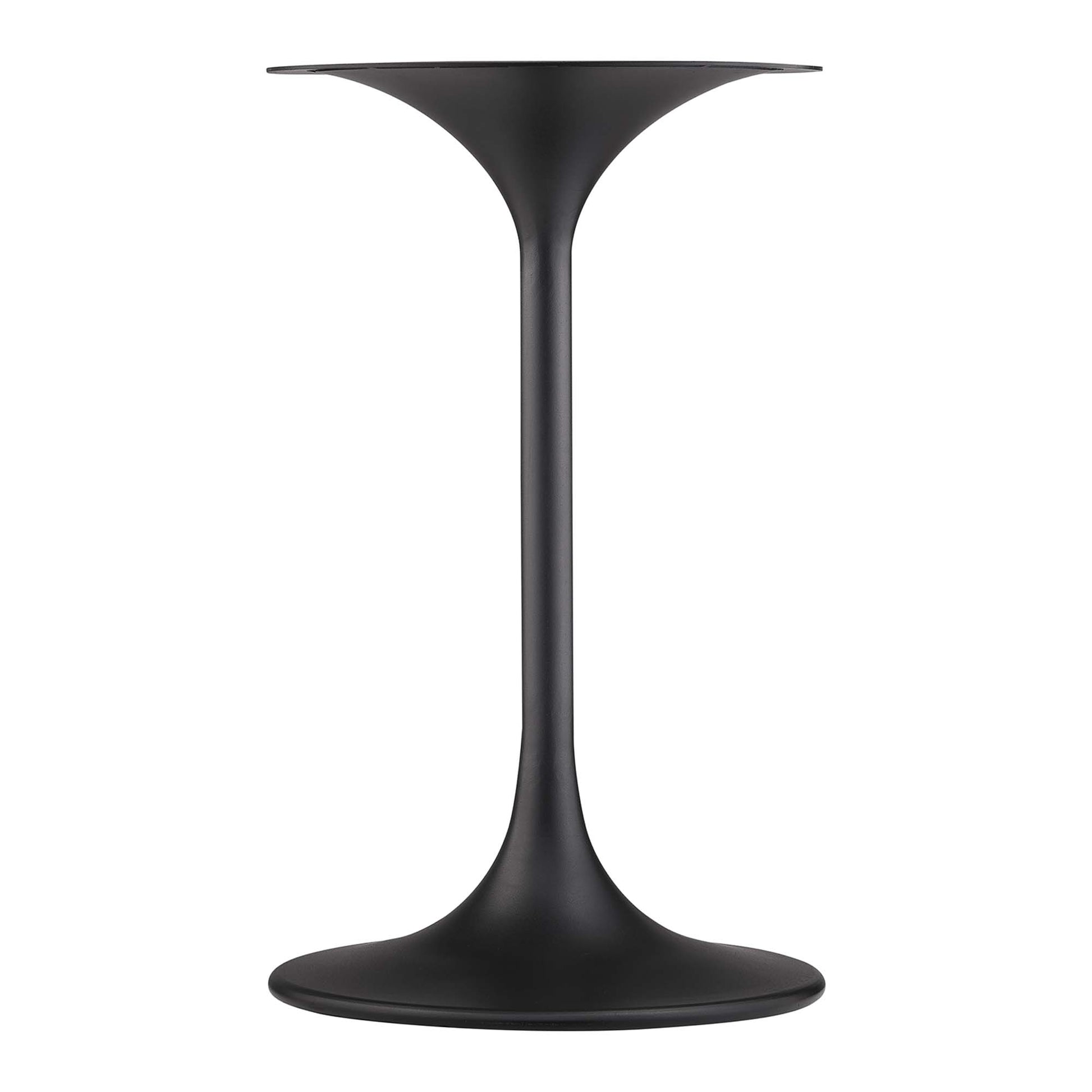 Matte black pedestal side table with a slim stem and a 20" round faux marble top on a wide circular base.