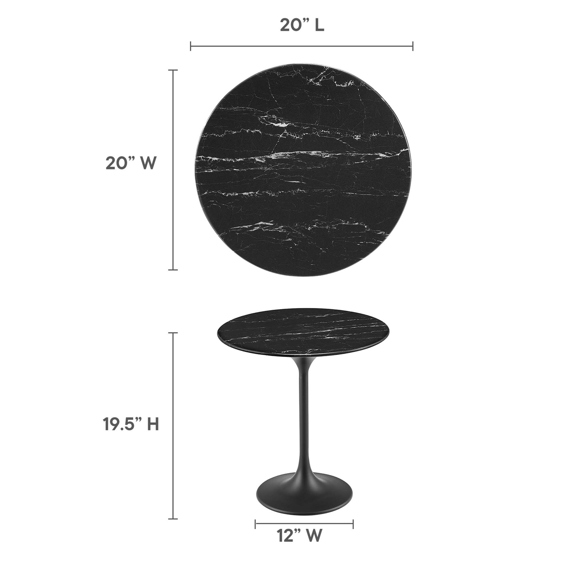 Round black faux marble top, 20 inch diameter, on a slender black tulip pedestal with round base; modern side table.