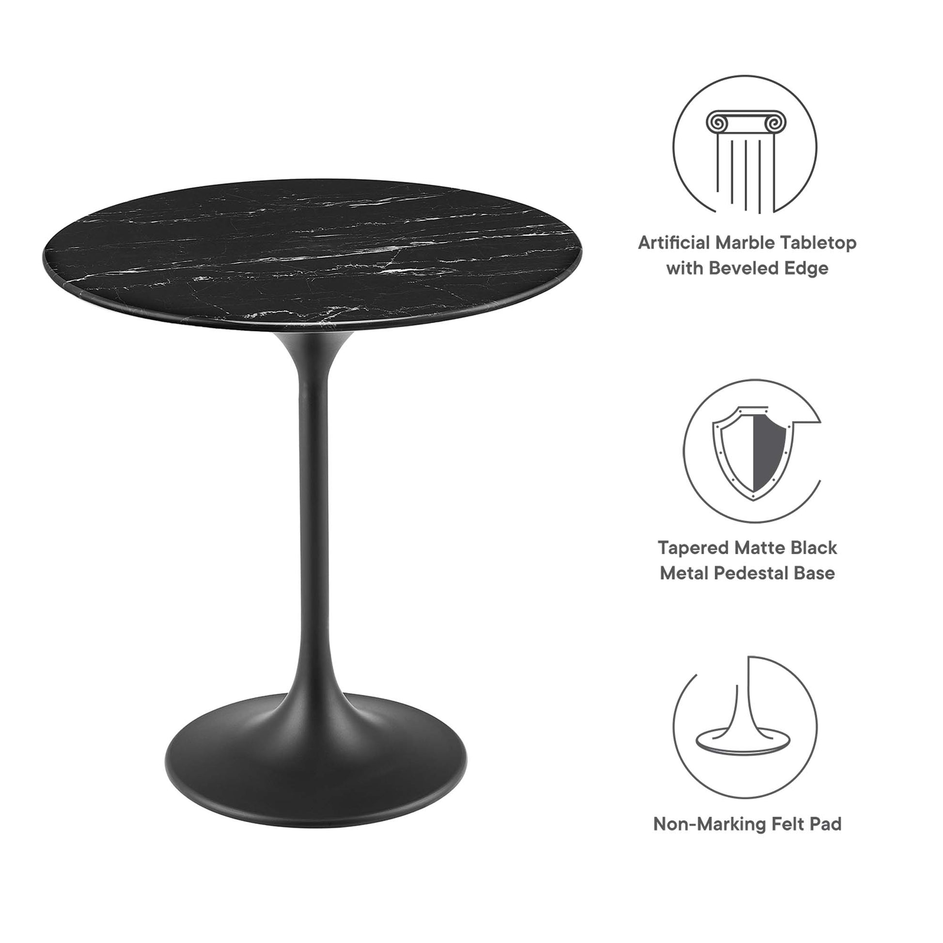 Round black artificial marble tabletop with beveled edge on a tapered matte black pedestal base; non-marking felt pad.