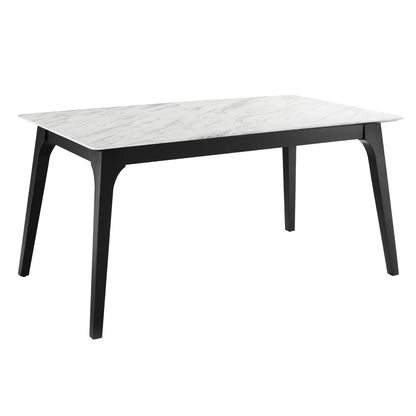 Rectangular dining table with a white artificial marble top and black angled legs in a modern, minimalist style.