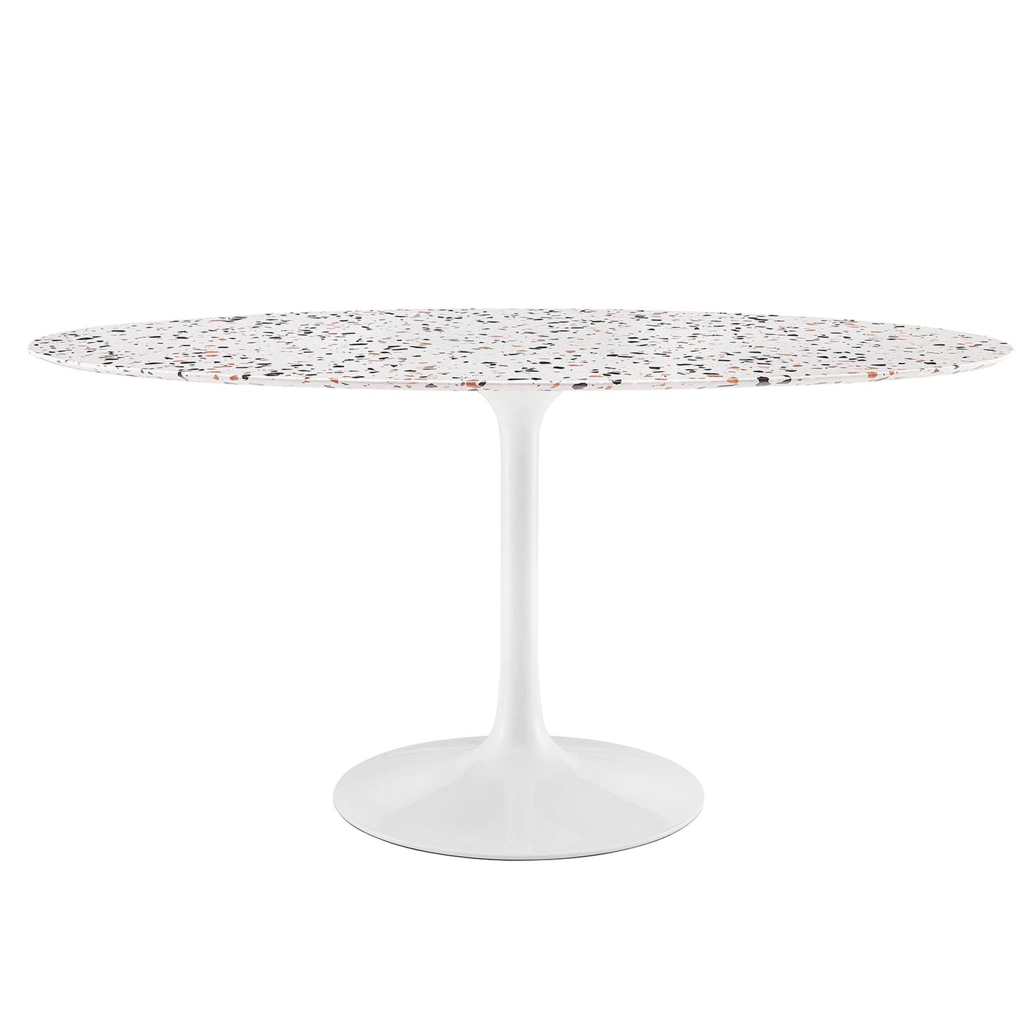 White oval terrazzo top table on a white tulip pedestal base; modern dining piece.