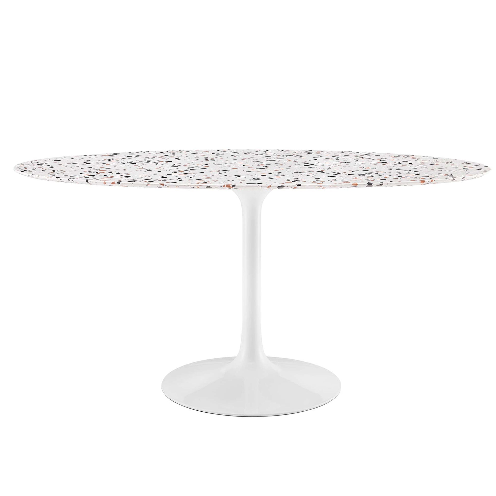 White oval terrazzo top table on a white tulip pedestal base; modern dining piece.