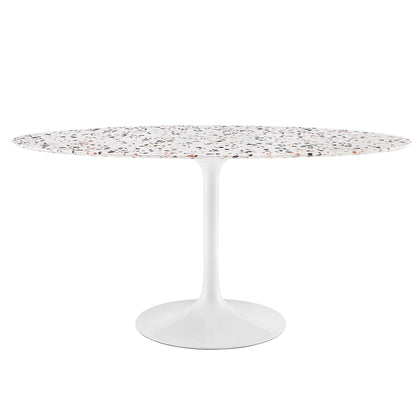 White oval terrazzo top table on a white tulip pedestal base; modern dining piece.