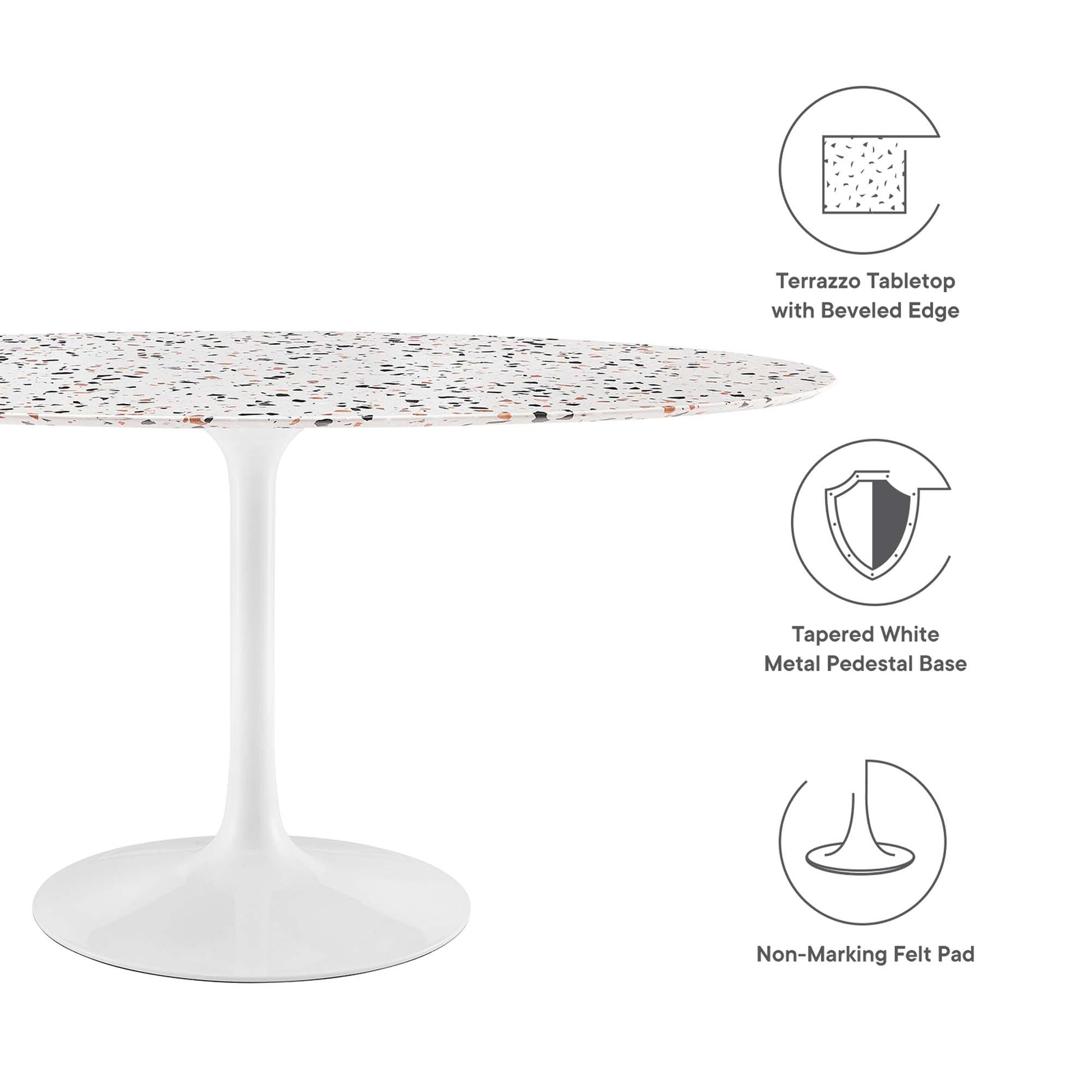 Oval terrazzo dining table with beveled edge on a white tapered pedestal base with non-marking felt pads.