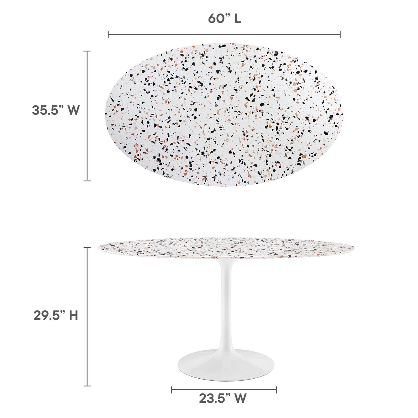 Oval terrazzo dining table with white pedestal base; speckled multicolor chips, 60L x 35.5W, 29.5H, pedestal width 23.5.