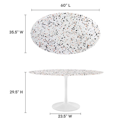 Oval terrazzo dining table with white pedestal base; speckled multicolor chips, 60L x 35.5W, 29.5H, pedestal width 23.5.