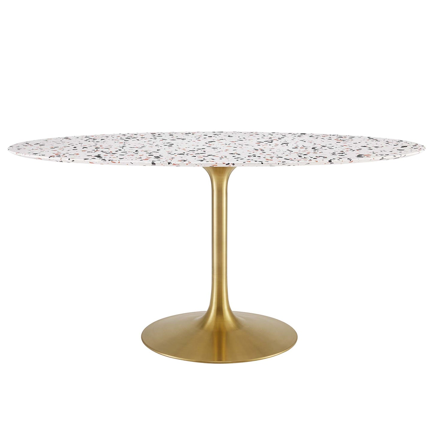 Oval terrazzo tabletop with white specks on a gold pedestal base, modern dining table.