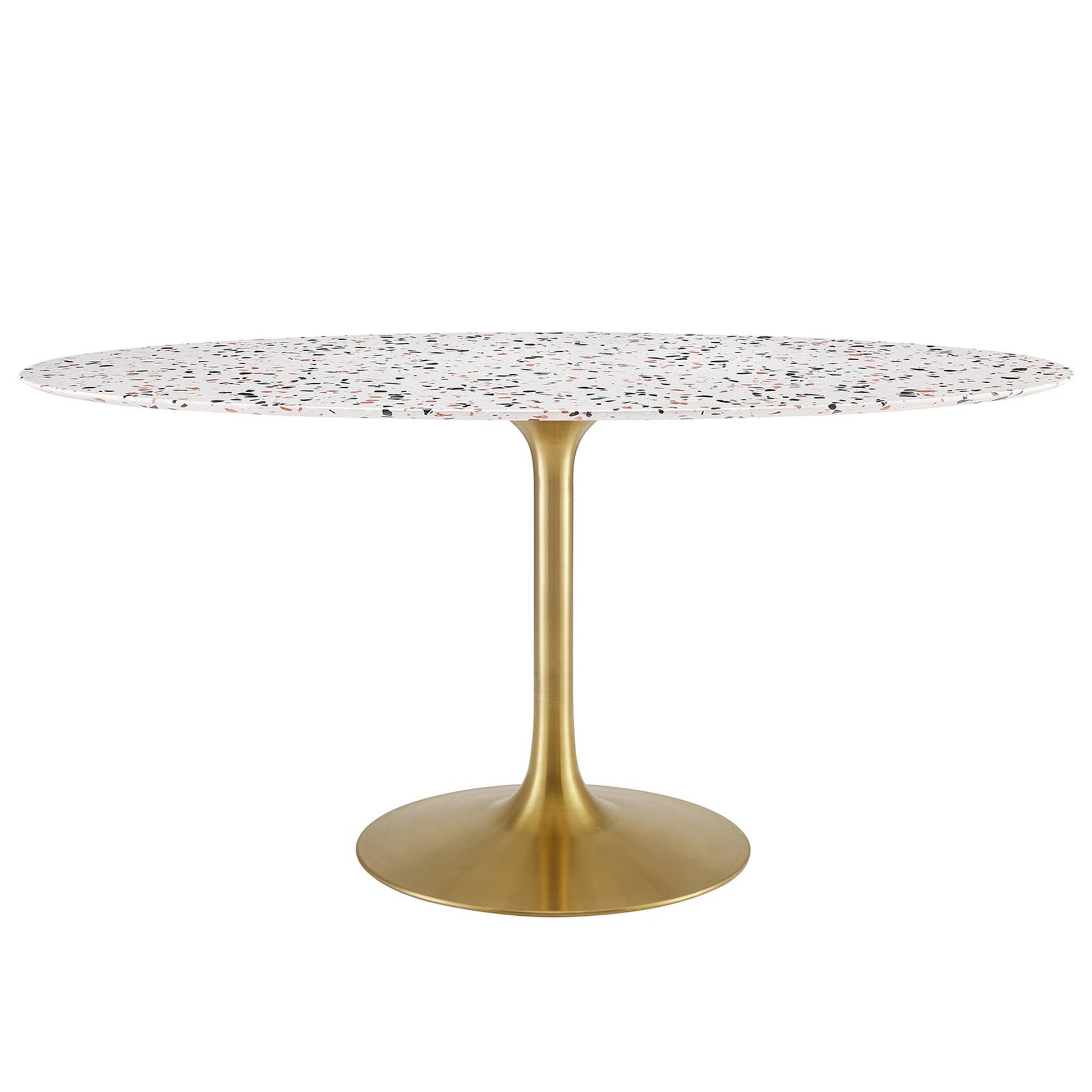 Oval terrazzo tabletop with white specks on a gold pedestal base, modern dining table.