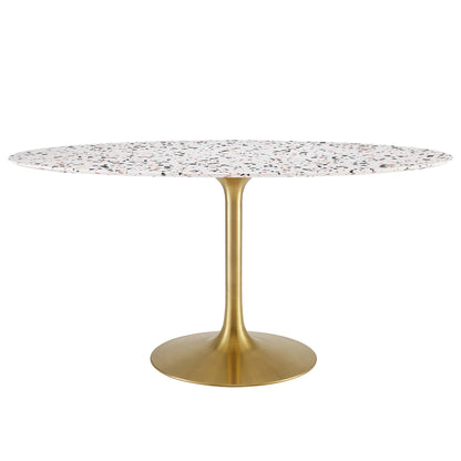 Oval terrazzo tabletop with white specks on a gold pedestal base, modern dining table.