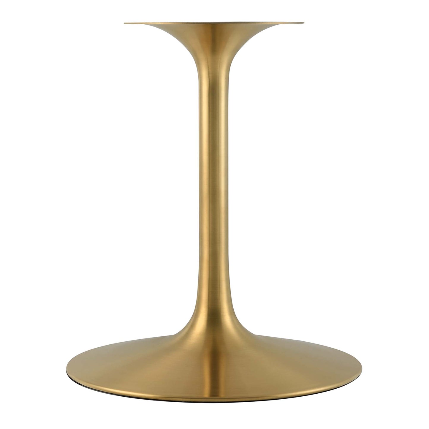 Oval white terrazzo dining table with a gold-tone metal base.