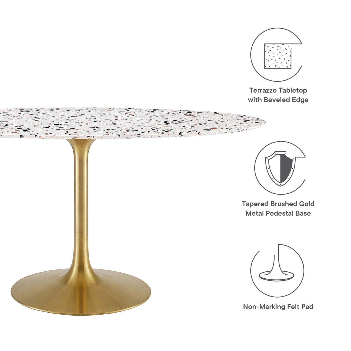 Terrazzo tabletop with beveled edge on a tapered brushed gold pedestal base & non-marking felt pad.