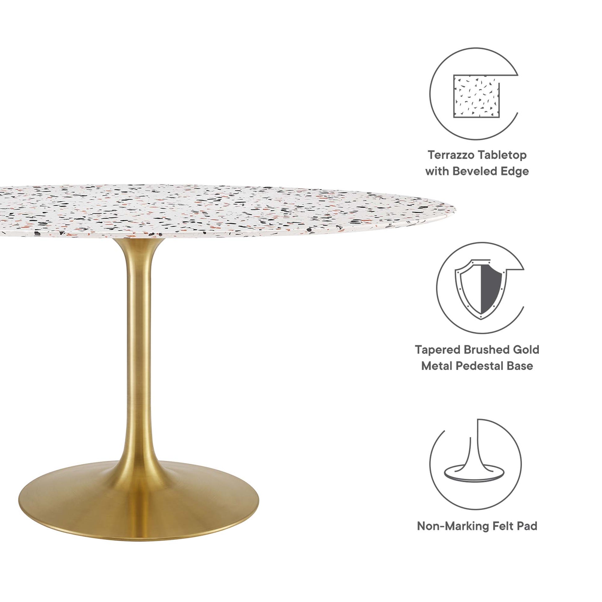 Terrazzo tabletop with beveled edge on a tapered brushed gold pedestal base & non-marking felt pad.