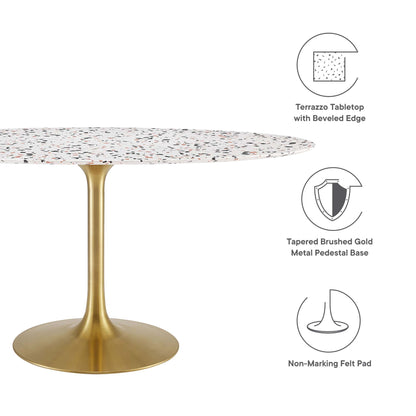 Terrazzo tabletop with beveled edge on a tapered brushed gold pedestal base & non-marking felt pad.