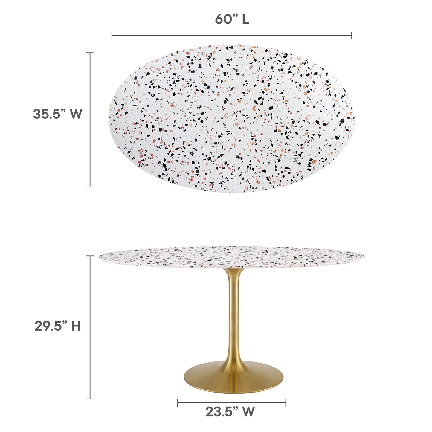 Speckled terrazzo oval dining table on a gold pedestal with round base; 60" L, 29.5" H