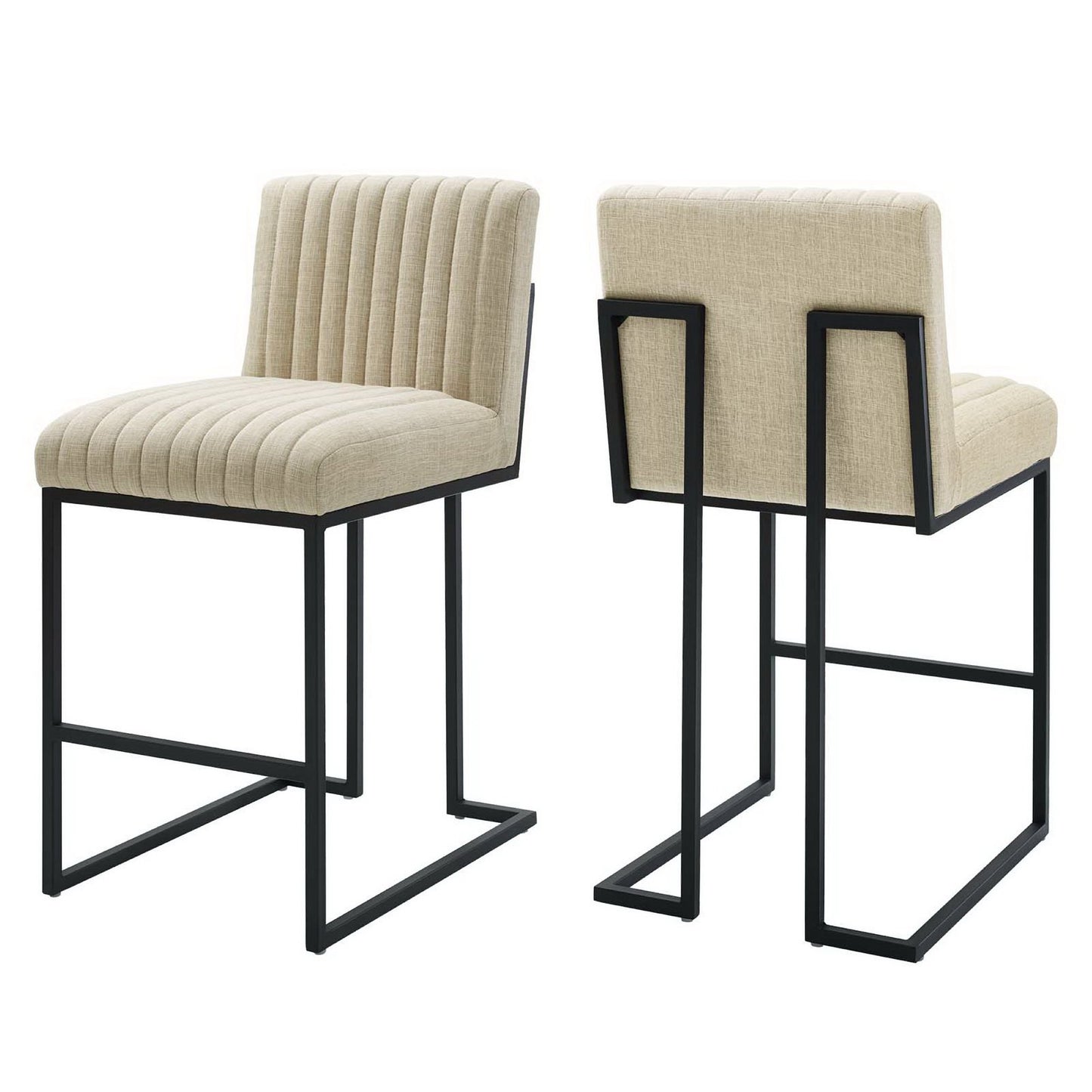 Two brown upholstered counter stools with channel-tufted seats and backs on black metal cantilever frames.