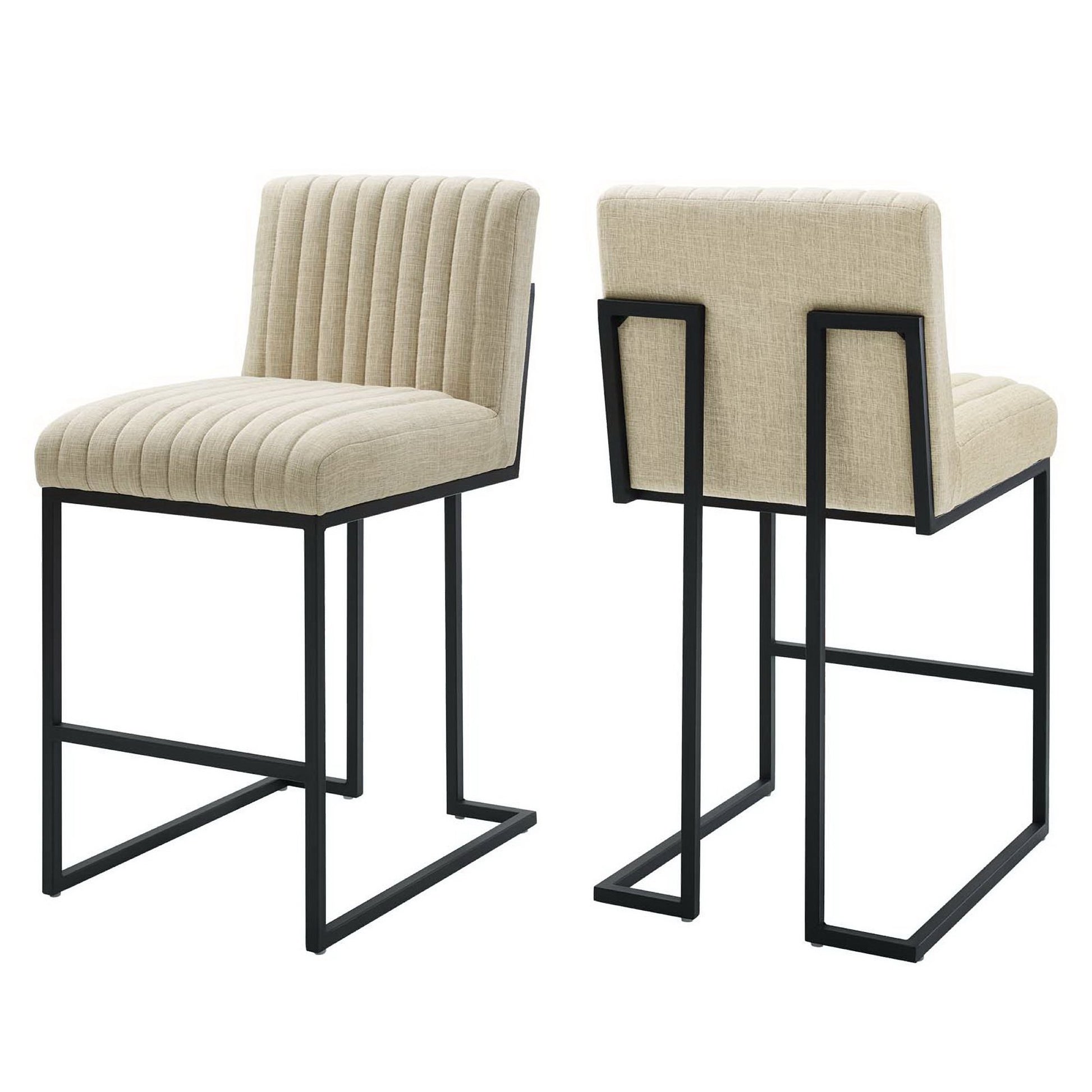 Two brown upholstered counter stools with channel-tufted seats and backs on black metal cantilever frames.