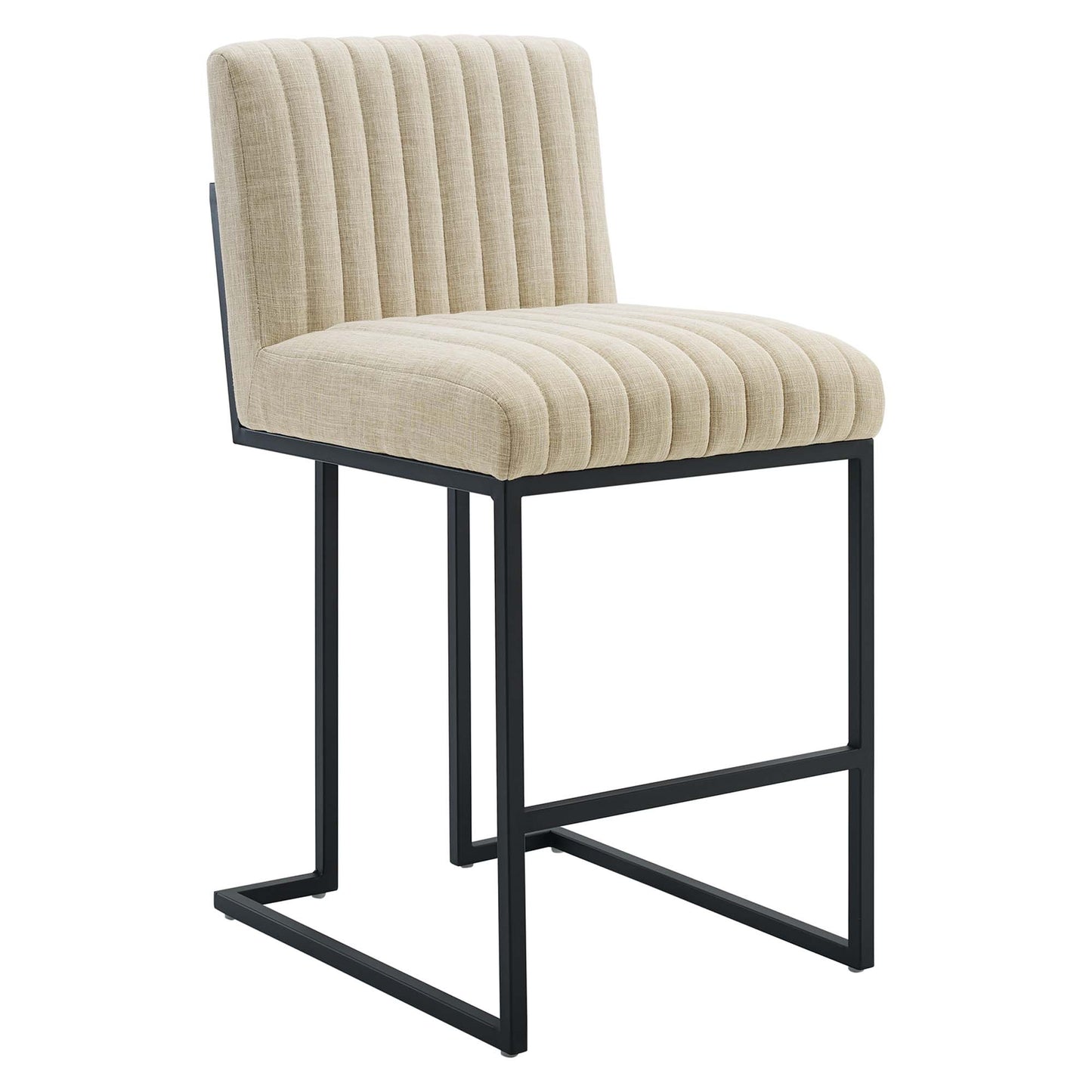 Beige upholstered bar stool with vertical channel tufting, padded back and seat, black powder-coated metal cantilever frame.