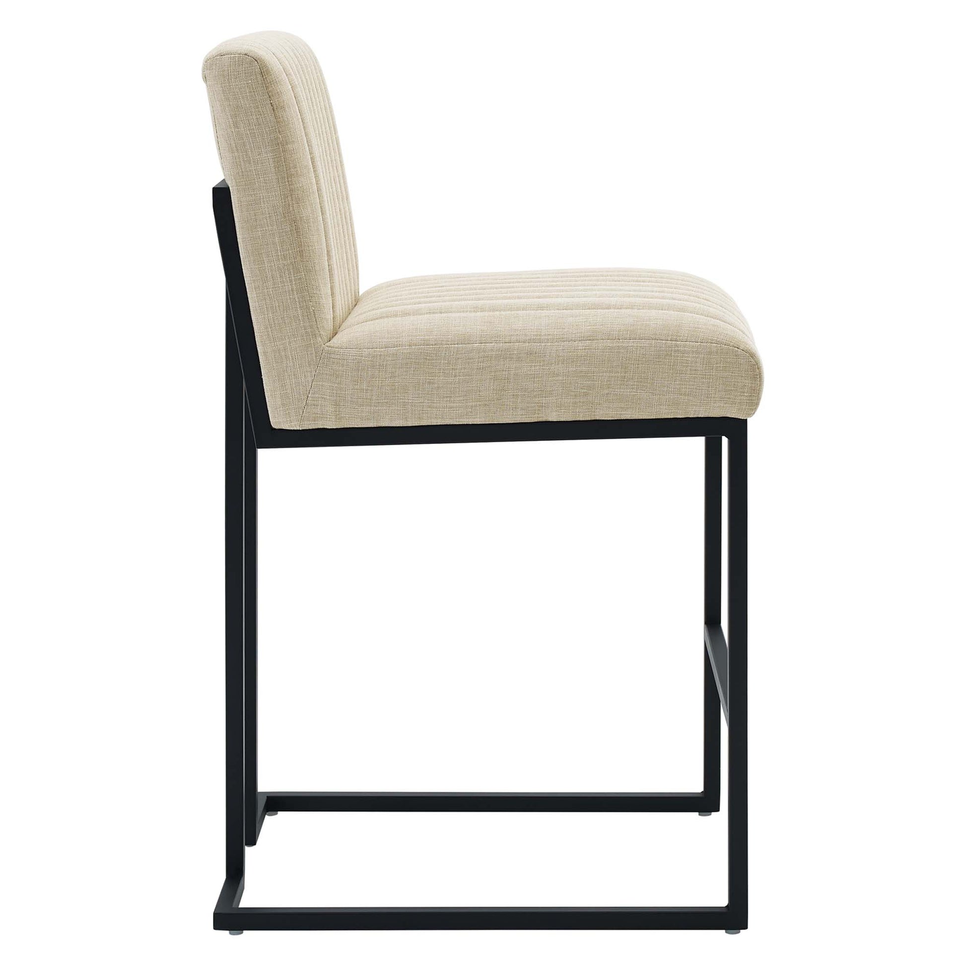 Brown fabric-upholstered counter stools with channel-tufted backs on a black metal square-frame base, set of 2