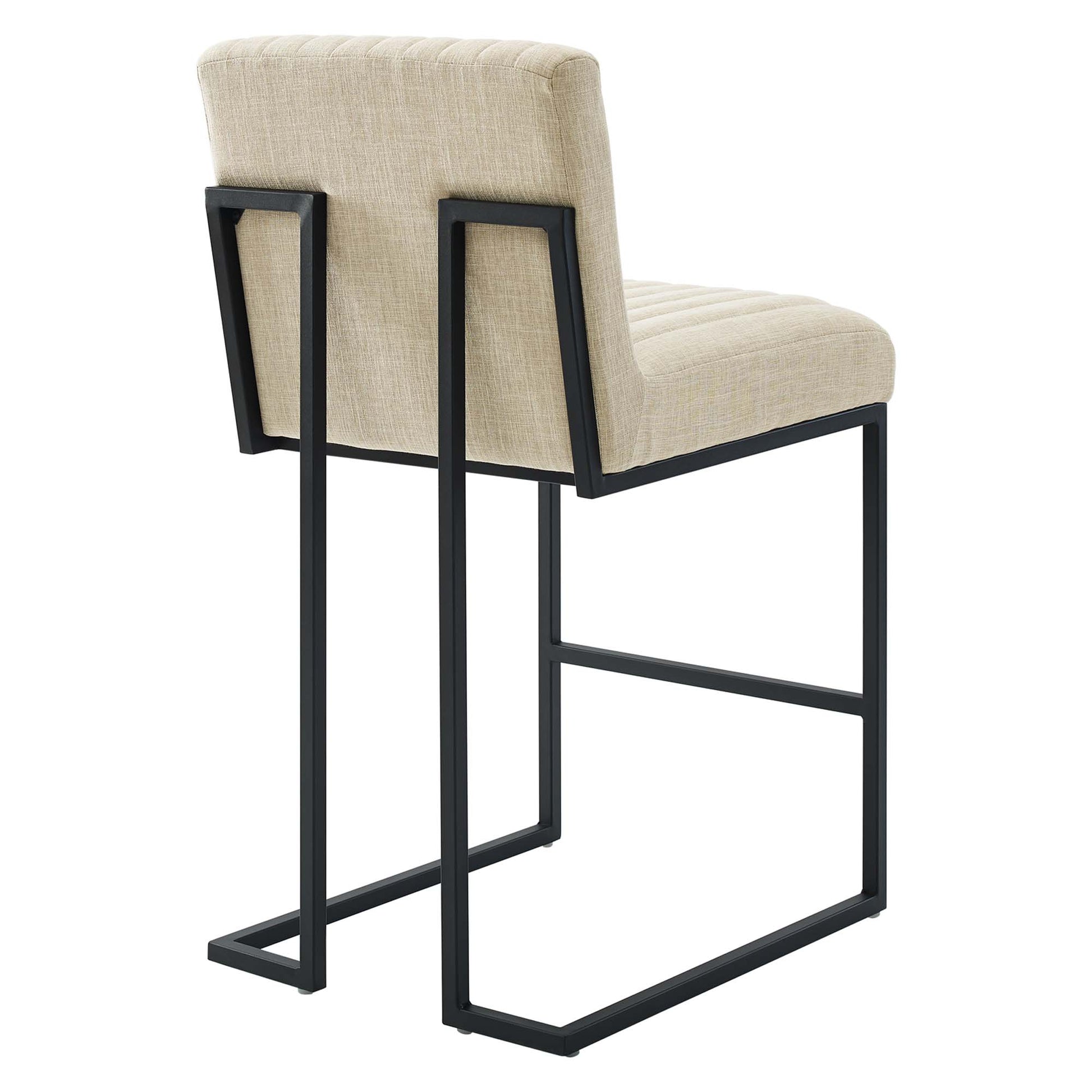 Set of 2 brown channel-tufted fabric counter stools with black metal sled bases and backrests