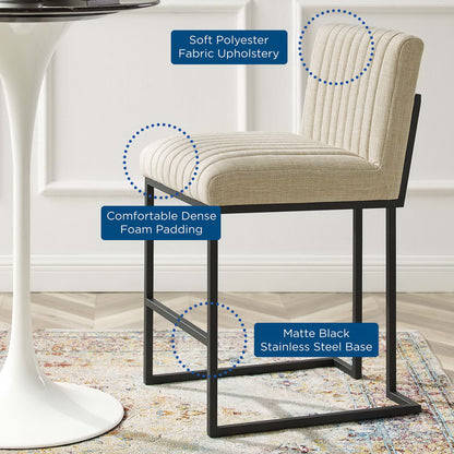 Beige ribbed fabric upholstered bar stool with dense foam padding and matte black stainless steel frame with footrest.