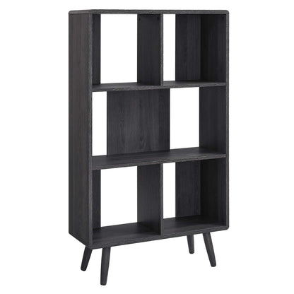 Charcoal wood bookshelf with four tapered legs and open cubby shelves for display and storage.